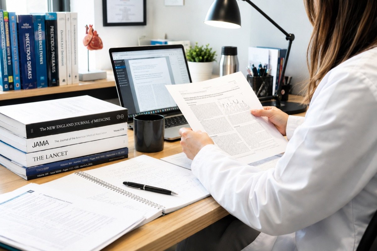 Praticienne en blouse blanche lisant un article de recherche imprimé à son bureau, à côté d’une pile de volumes du New England Journal of Medicine, du JAMA et du Lancet et d’un cahier de notes